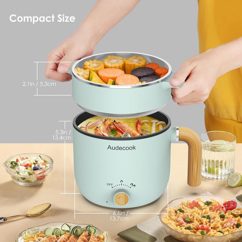Audecook Hot Pot Electric with Steamer, 1.5L Portable Nonstick Mini Multicooker, Travel Electric Skillet with Dual Power Control for Pasta/Soup/Steak/Egg/Oatmeal (Green) - Image 4